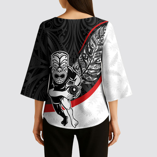 Personalised Aotearoa Lawn Bowls Kimono Sleeve Blouse Maori Warrior and Silver Fern Sporty Style