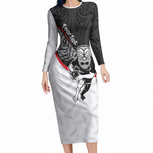 Personalised Aotearoa Lawn Bowls Long Sleeve Bodycon Dress Maori Warrior and Silver Fern Sporty Style