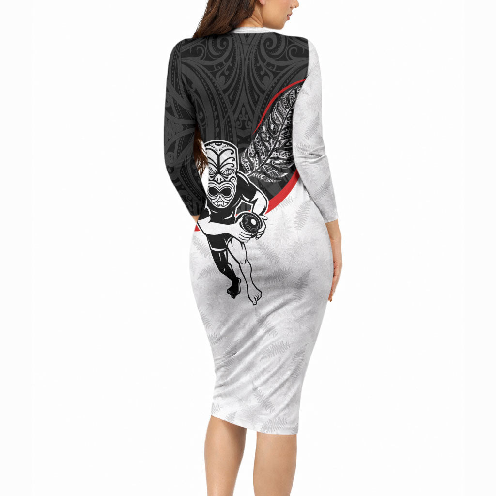 Personalised Aotearoa Lawn Bowls Long Sleeve Bodycon Dress Maori Warrior and Silver Fern Sporty Style