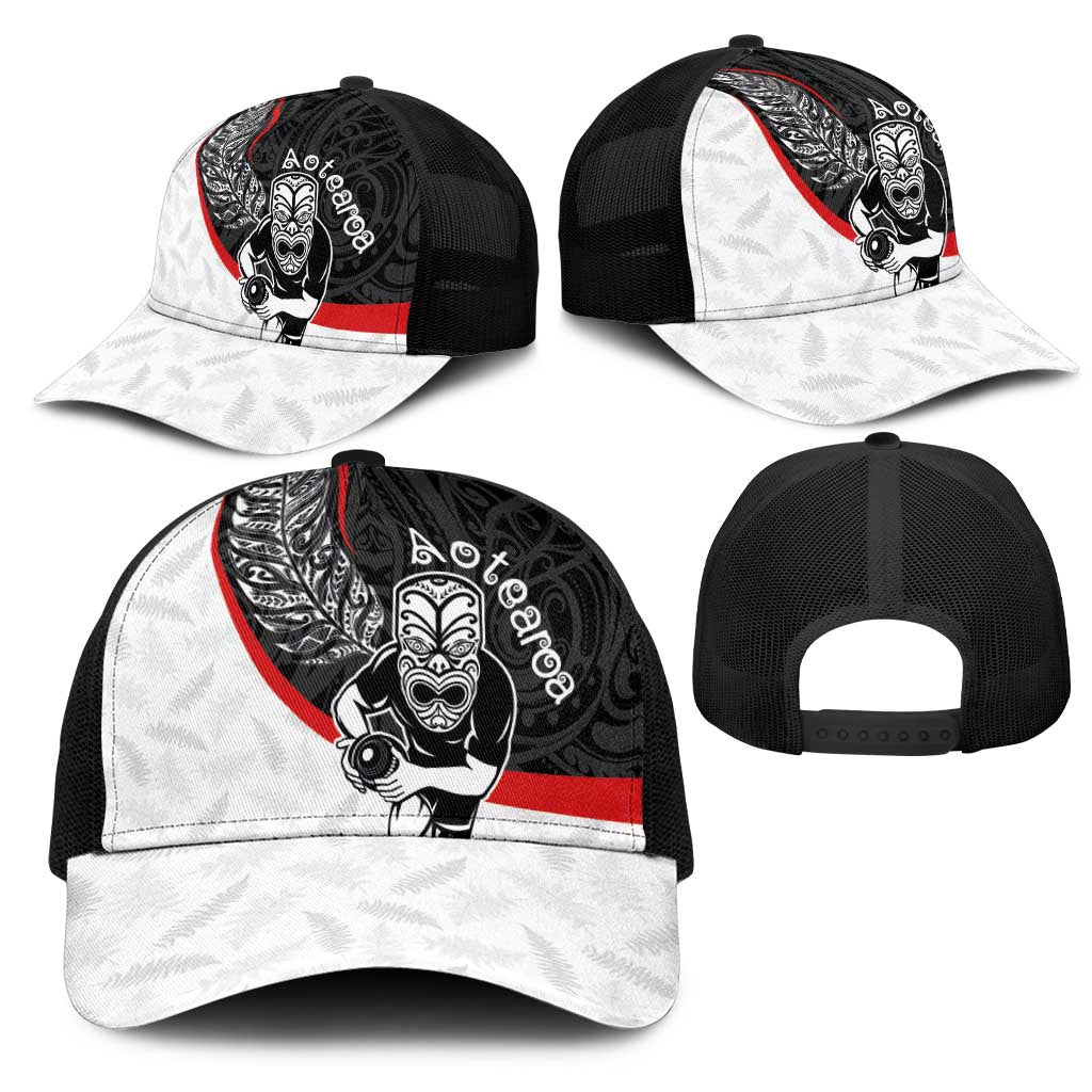 Aotearoa Lawn Bowls Mesh Trucker Cap Maori Warrior and Silver Fern Sporty Style