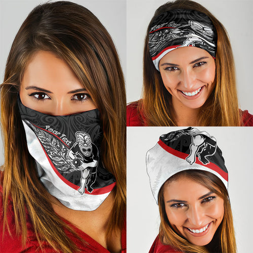 Personalised Aotearoa Lawn Bowls Neck Gaiter Maori Warrior and Silver Fern Sporty Style