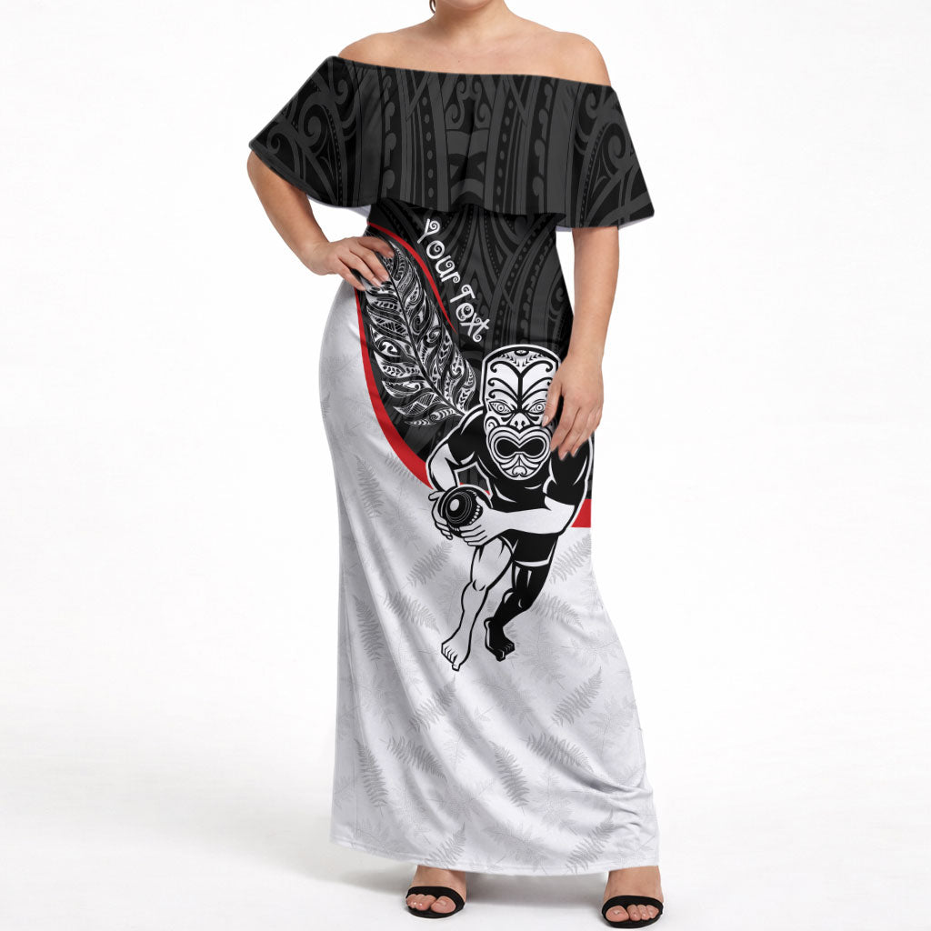 Personalised Aotearoa Lawn Bowls Off Shoulder Maxi Dress Maori Warrior and Silver Fern Sporty Style