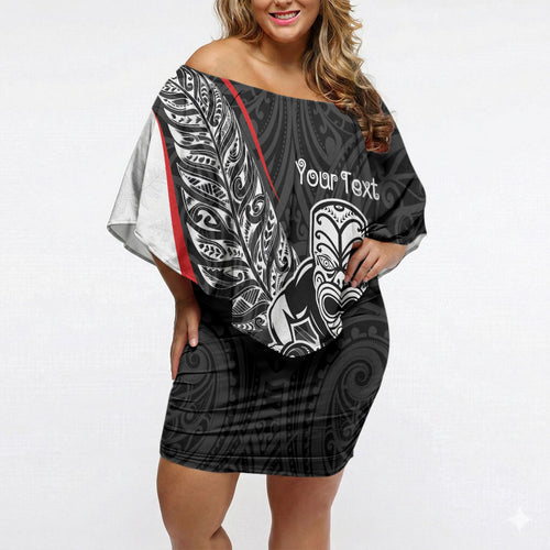 Personalised Aotearoa Lawn Bowls Off Shoulder Short Dress Maori Warrior and Silver Fern Sporty Style