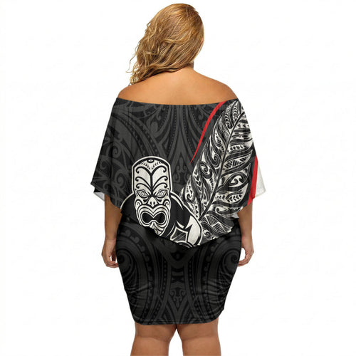 Personalised Aotearoa Lawn Bowls Off Shoulder Short Dress Maori Warrior and Silver Fern Sporty Style