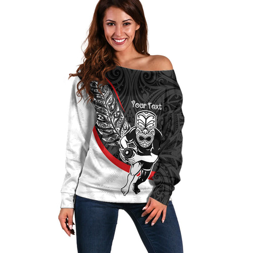 Personalised Aotearoa Lawn Bowls Off Shoulder Sweater Maori Warrior and Silver Fern Sporty Style