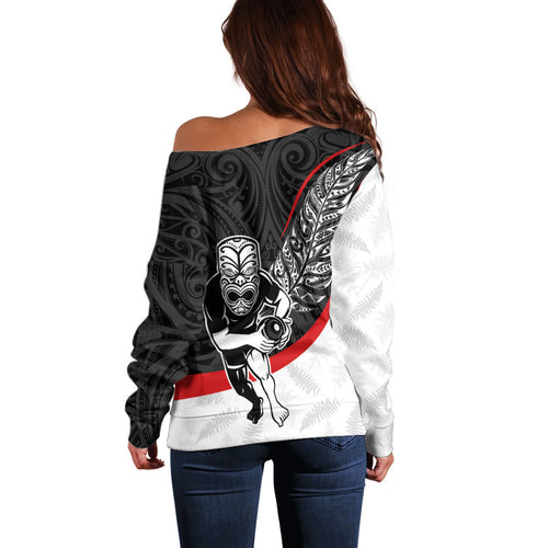 Personalised Aotearoa Lawn Bowls Off Shoulder Sweater Maori Warrior and Silver Fern Sporty Style