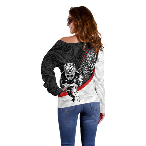 Personalised Aotearoa Lawn Bowls Off Shoulder Sweater Maori Warrior and Silver Fern Sporty Style