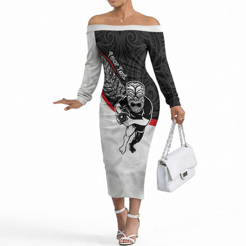Personalised Aotearoa Lawn Bowls Off The Shoulder Long Sleeve Dress Maori Warrior and Silver Fern Sporty Style
