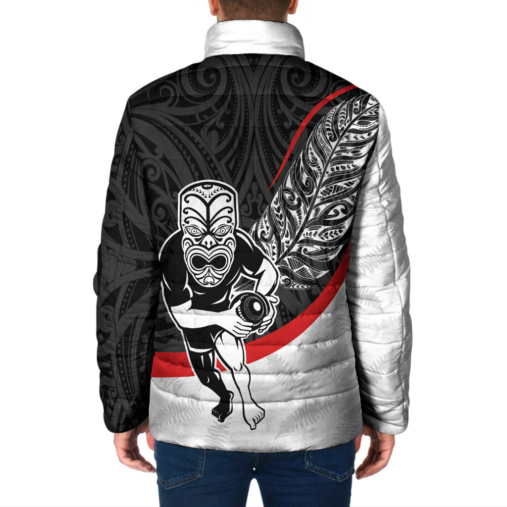 Personalised Aotearoa Lawn Bowls Padded Jacket Maori Warrior and Silver Fern Sporty Style