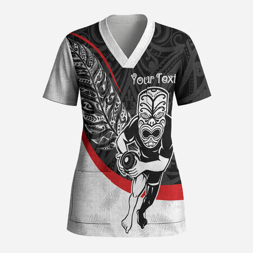 Personalised Aotearoa Lawn Bowls Scrub Top Maori Warrior and Silver Fern Sporty Style