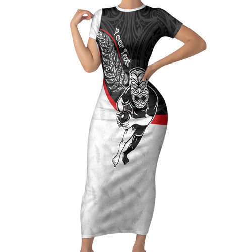 Personalised Aotearoa Lawn Bowls Short Sleeve Bodycon Dress Maori Warrior and Silver Fern Sporty Style