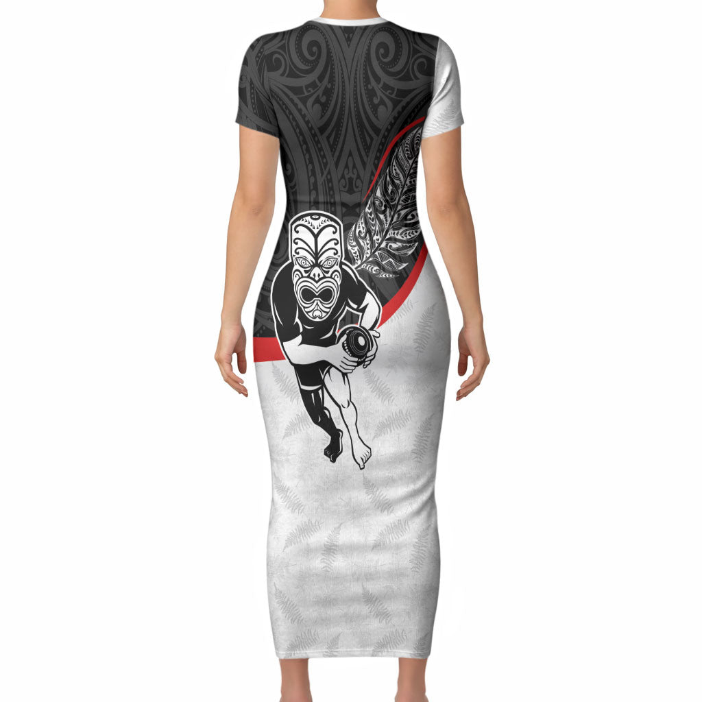 Personalised Aotearoa Lawn Bowls Short Sleeve Bodycon Dress Maori Warrior and Silver Fern Sporty Style
