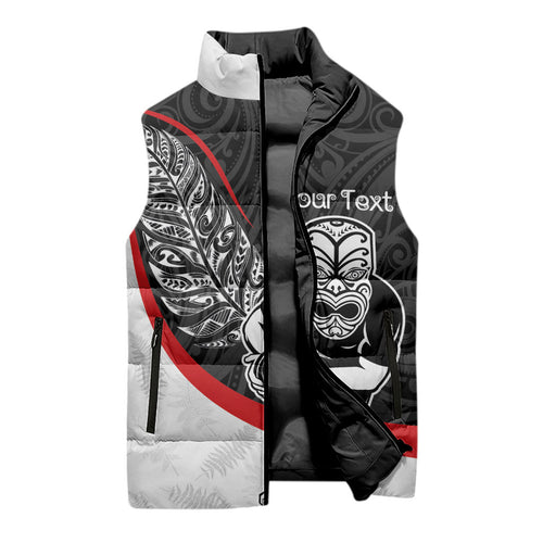 Personalised Aotearoa Lawn Bowls Sleeveless Puffer Jacket Maori Warrior and Silver Fern Sporty Style