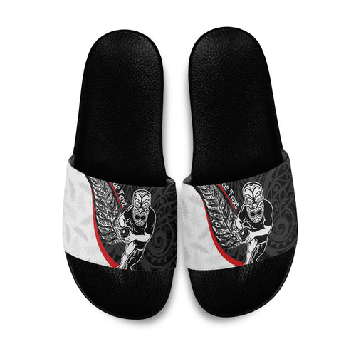 Personalised Aotearoa Lawn Bowls Slide Sandals Maori Warrior and Silver Fern Sporty Style