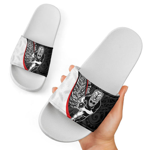 Personalised Aotearoa Lawn Bowls Slide Sandals Maori Warrior and Silver Fern Sporty Style