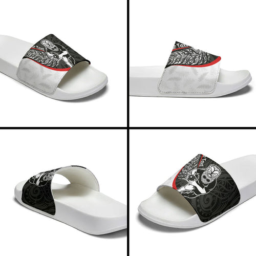 Personalised Aotearoa Lawn Bowls Slide Sandals Maori Warrior and Silver Fern Sporty Style