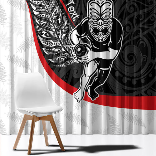 Personalised Aotearoa Lawn Bowls Window Curtain Maori Warrior and Silver Fern Sporty Style