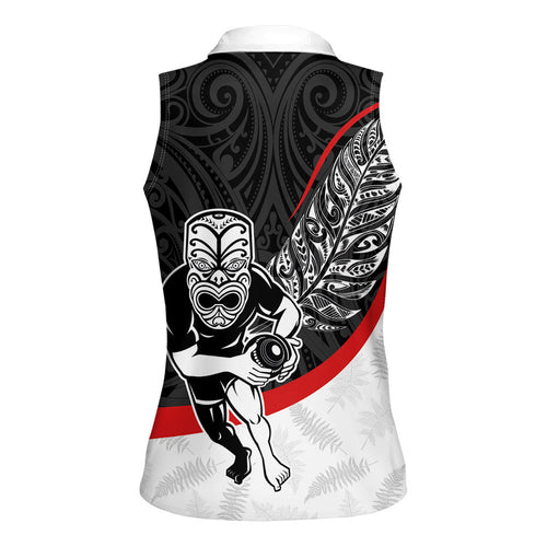 Personalised Aotearoa Lawn Bowls Women Sleeveless Polo Shirt Maori Warrior and Silver Fern Sporty Style
