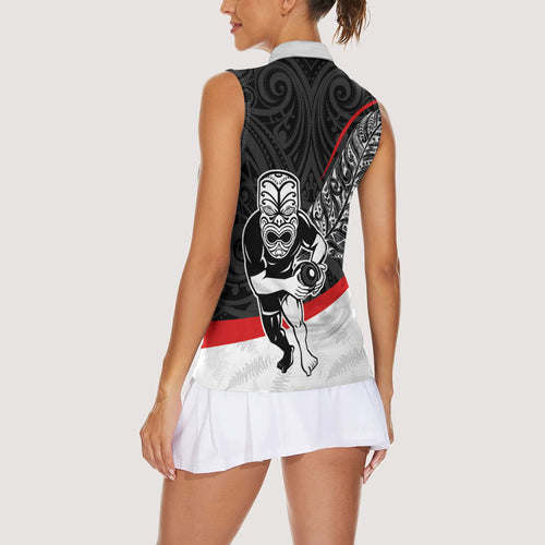 Personalised Aotearoa Lawn Bowls Women Sleeveless Polo Shirt Maori Warrior and Silver Fern Sporty Style