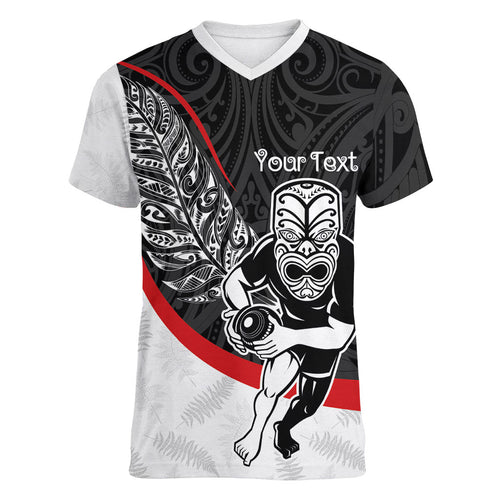 Personalised Aotearoa Lawn Bowls Women V-Neck T-Shirt Maori Warrior and Silver Fern Sporty Style
