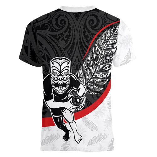 Personalised Aotearoa Lawn Bowls Women V-Neck T-Shirt Maori Warrior and Silver Fern Sporty Style