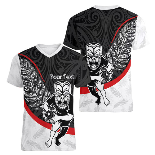 Personalised Aotearoa Lawn Bowls Women V-Neck T-Shirt Maori Warrior and Silver Fern Sporty Style
