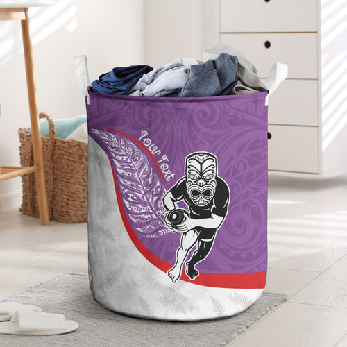 Personalised Aotearoa Lawn Bowls Laundry Basket Maori Warrior and Silver Fern Sporty Style Purple