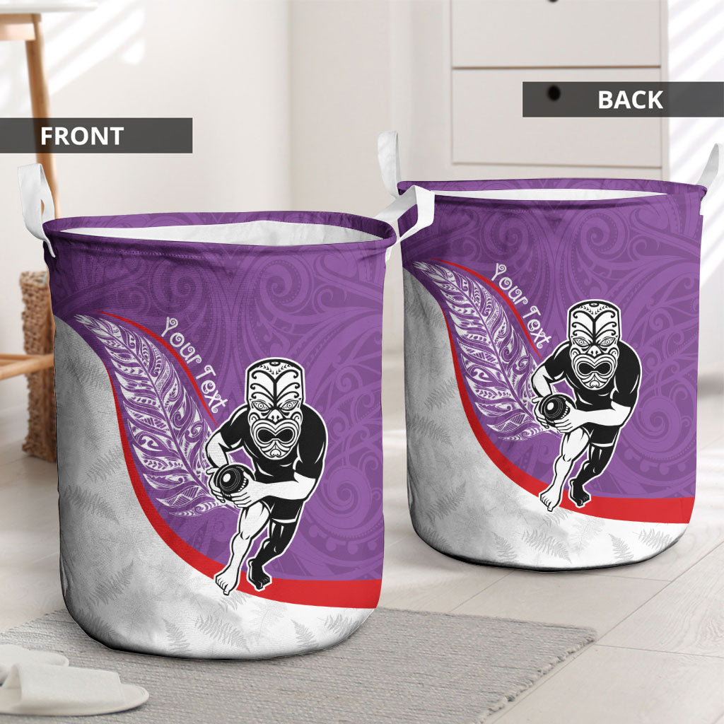 Personalised Aotearoa Lawn Bowls Laundry Basket Maori Warrior and Silver Fern Sporty Style Purple