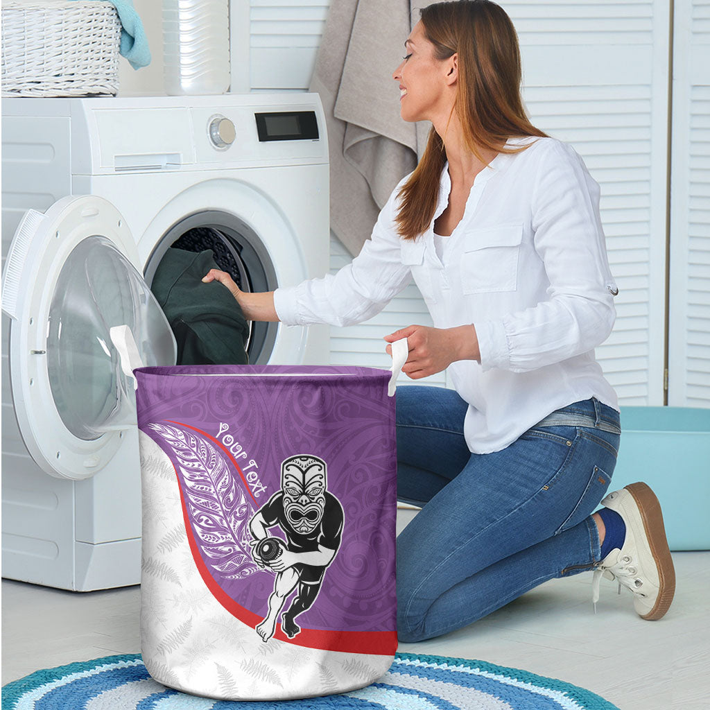 Personalised Aotearoa Lawn Bowls Laundry Basket Maori Warrior and Silver Fern Sporty Style Purple