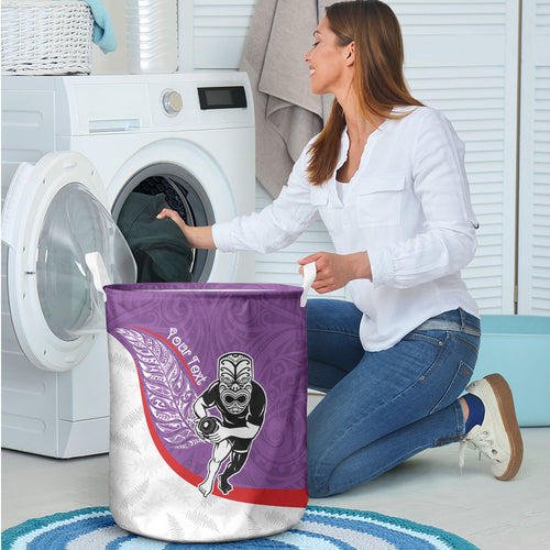 Personalised Aotearoa Lawn Bowls Laundry Basket Maori Warrior and Silver Fern Sporty Style Purple
