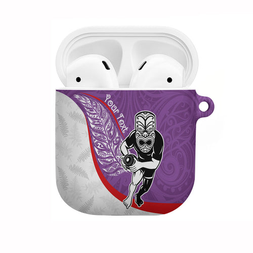 Personalised Aotearoa Lawn Bowls AirPods Case Maori Warrior and Silver Fern Sporty Style Purple