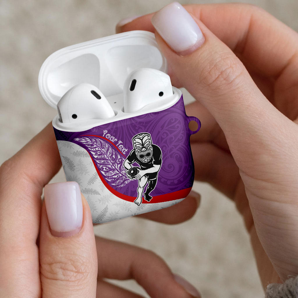 Personalised Aotearoa Lawn Bowls AirPods Case Maori Warrior and Silver Fern Sporty Style Purple