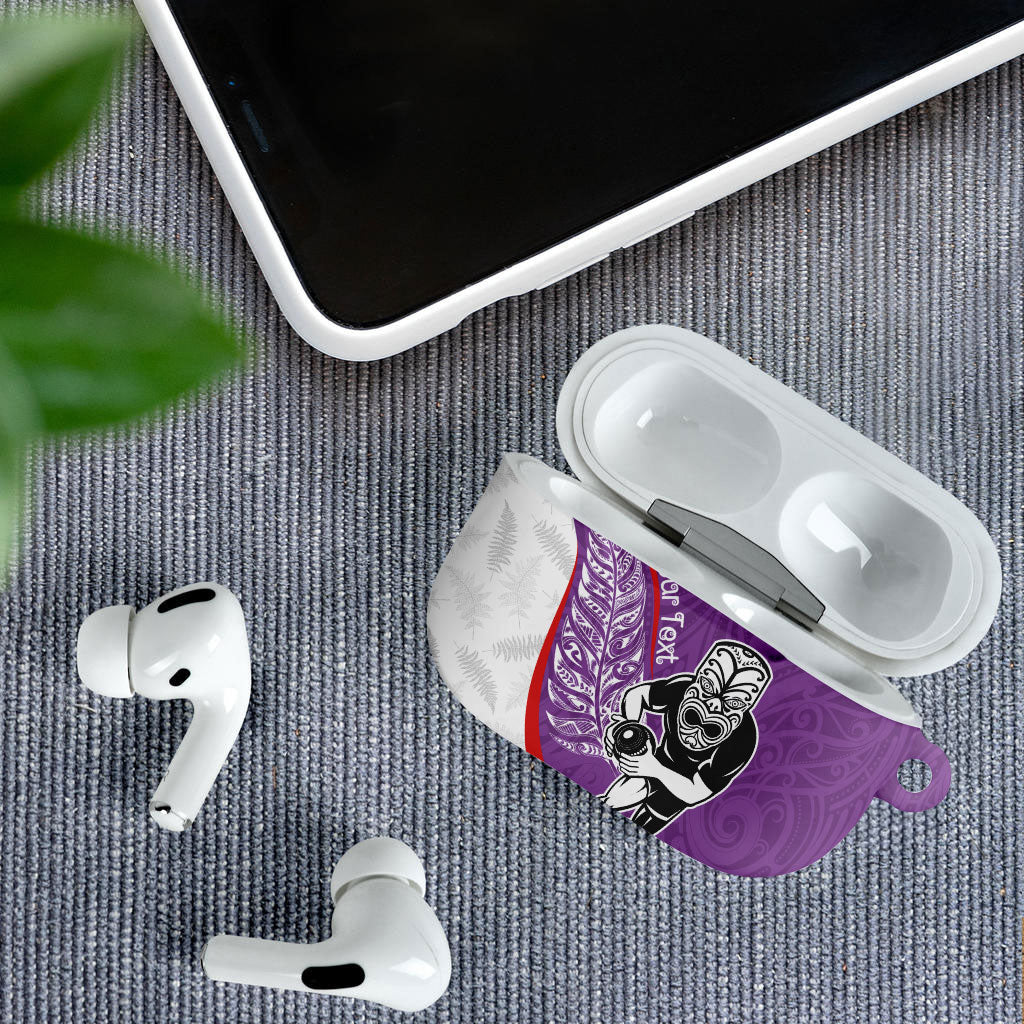 Personalised Aotearoa Lawn Bowls AirPods Case Maori Warrior and Silver Fern Sporty Style Purple