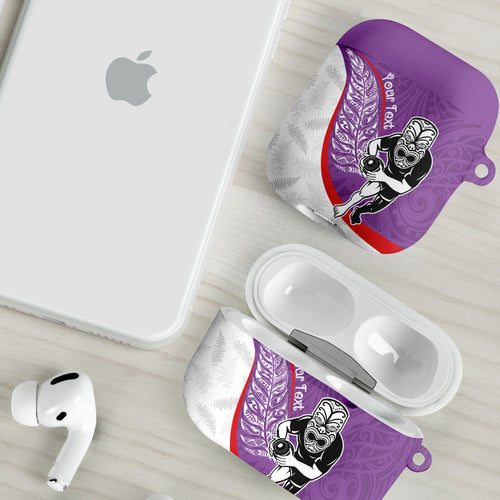 Personalised Aotearoa Lawn Bowls AirPods Case Maori Warrior and Silver Fern Sporty Style Purple