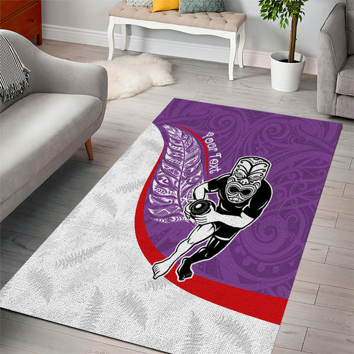 Personalised Aotearoa Lawn Bowls Area Rug Maori Warrior and Silver Fern Sporty Style Purple