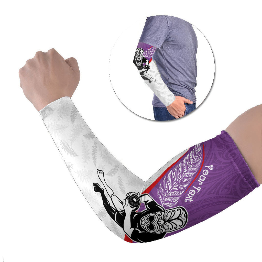Personalised Aotearoa Lawn Bowls Arm Sleeves Maori Warrior and Silver Fern Sporty Style Purple