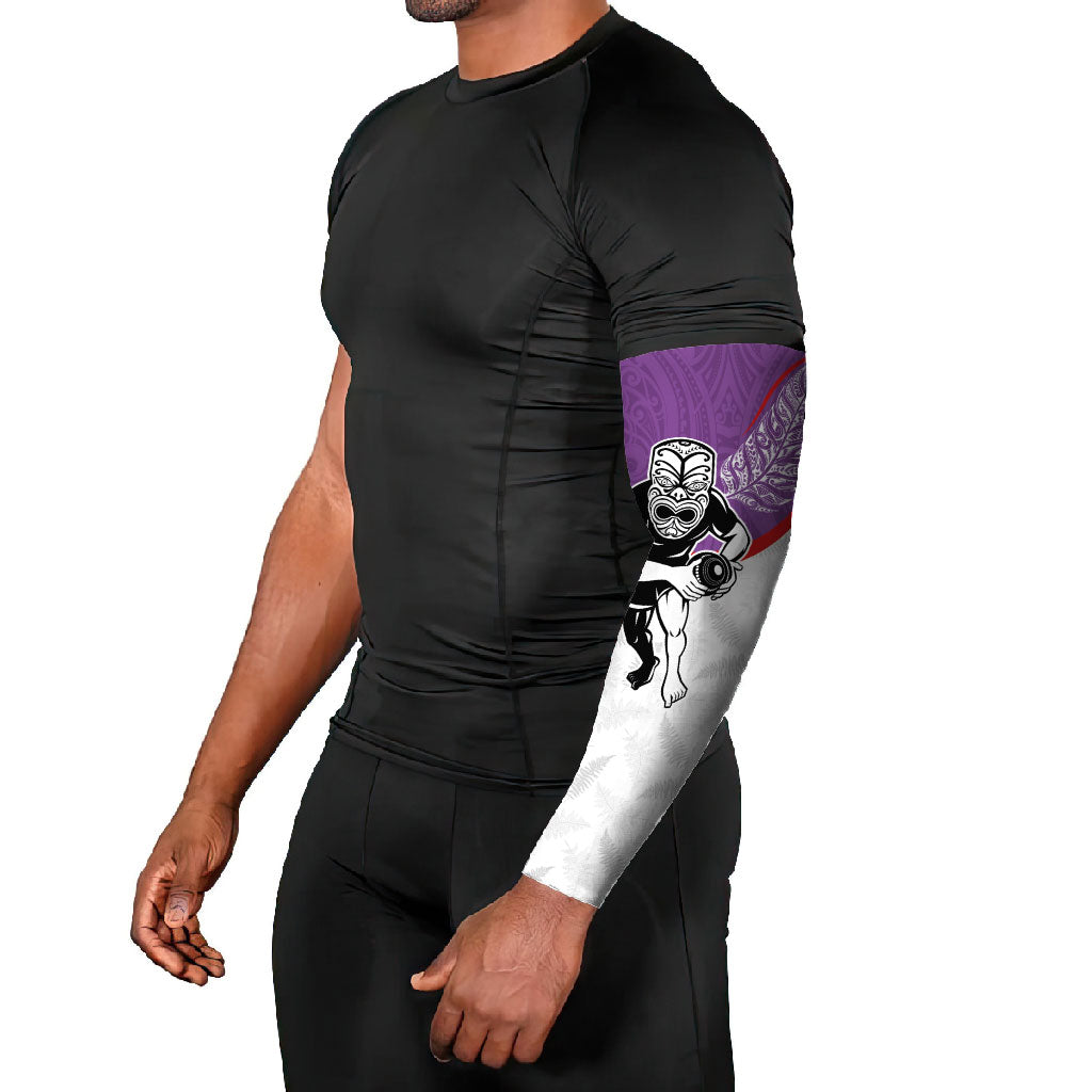 Personalised Aotearoa Lawn Bowls Arm Sleeves Maori Warrior and Silver Fern Sporty Style Purple