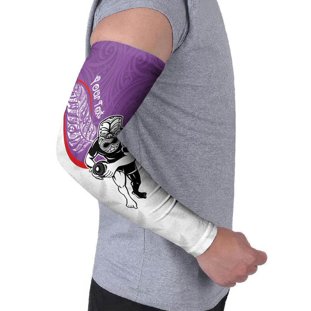 Personalised Aotearoa Lawn Bowls Arm Sleeves Maori Warrior and Silver Fern Sporty Style Purple