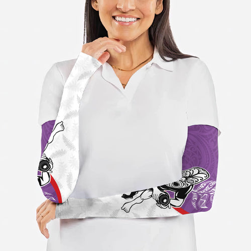 Personalised Aotearoa Lawn Bowls Arm Sleeves Maori Warrior and Silver Fern Sporty Style Purple