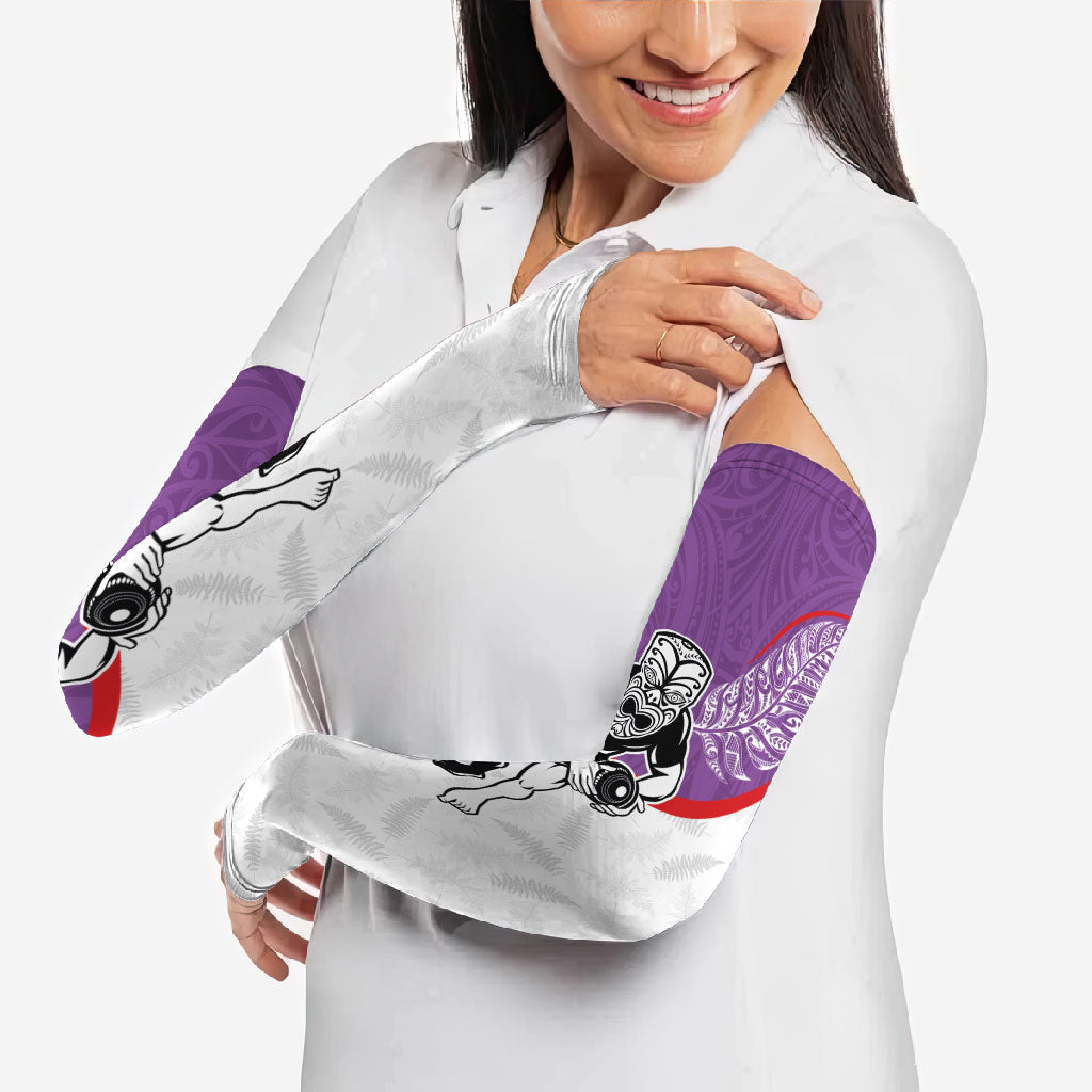 Personalised Aotearoa Lawn Bowls Arm Sleeves Maori Warrior and Silver Fern Sporty Style Purple