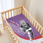 Personalised Aotearoa Lawn Bowls Baby Bed Cover Maori Warrior and Silver Fern Sporty Style Purple