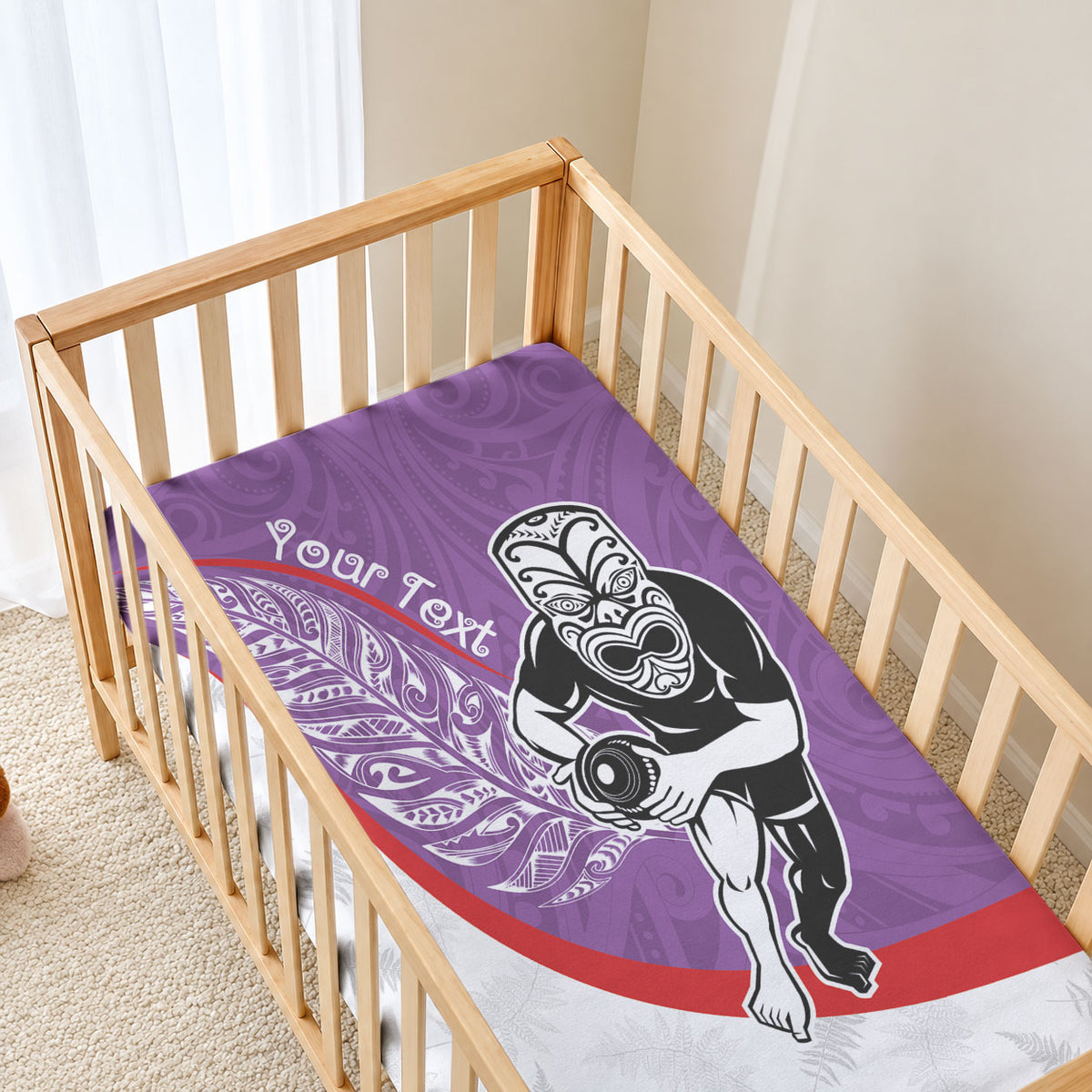 Personalised Aotearoa Lawn Bowls Baby Bed Cover Maori Warrior and Silver Fern Sporty Style Purple