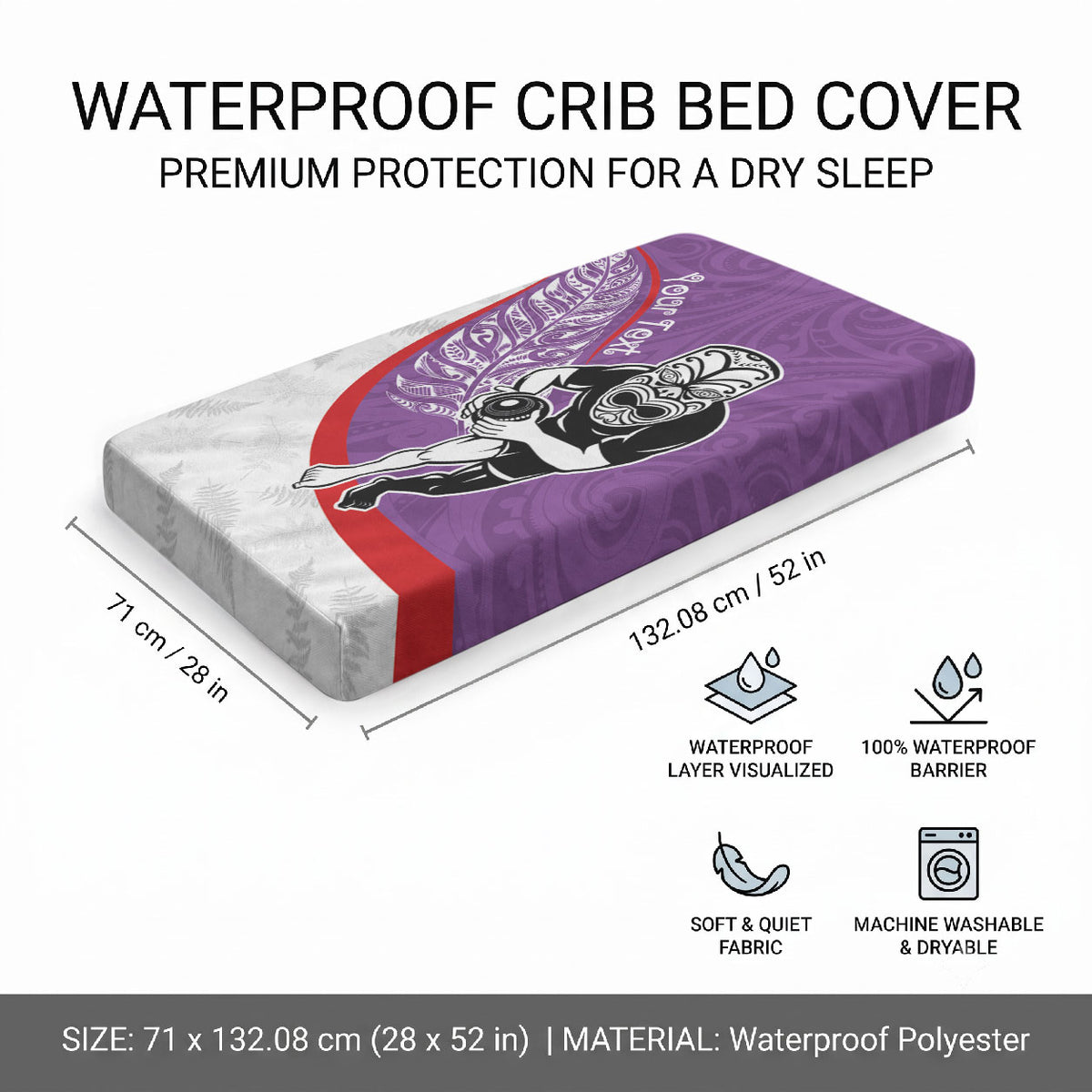 Personalised Aotearoa Lawn Bowls Baby Bed Cover Maori Warrior and Silver Fern Sporty Style Purple