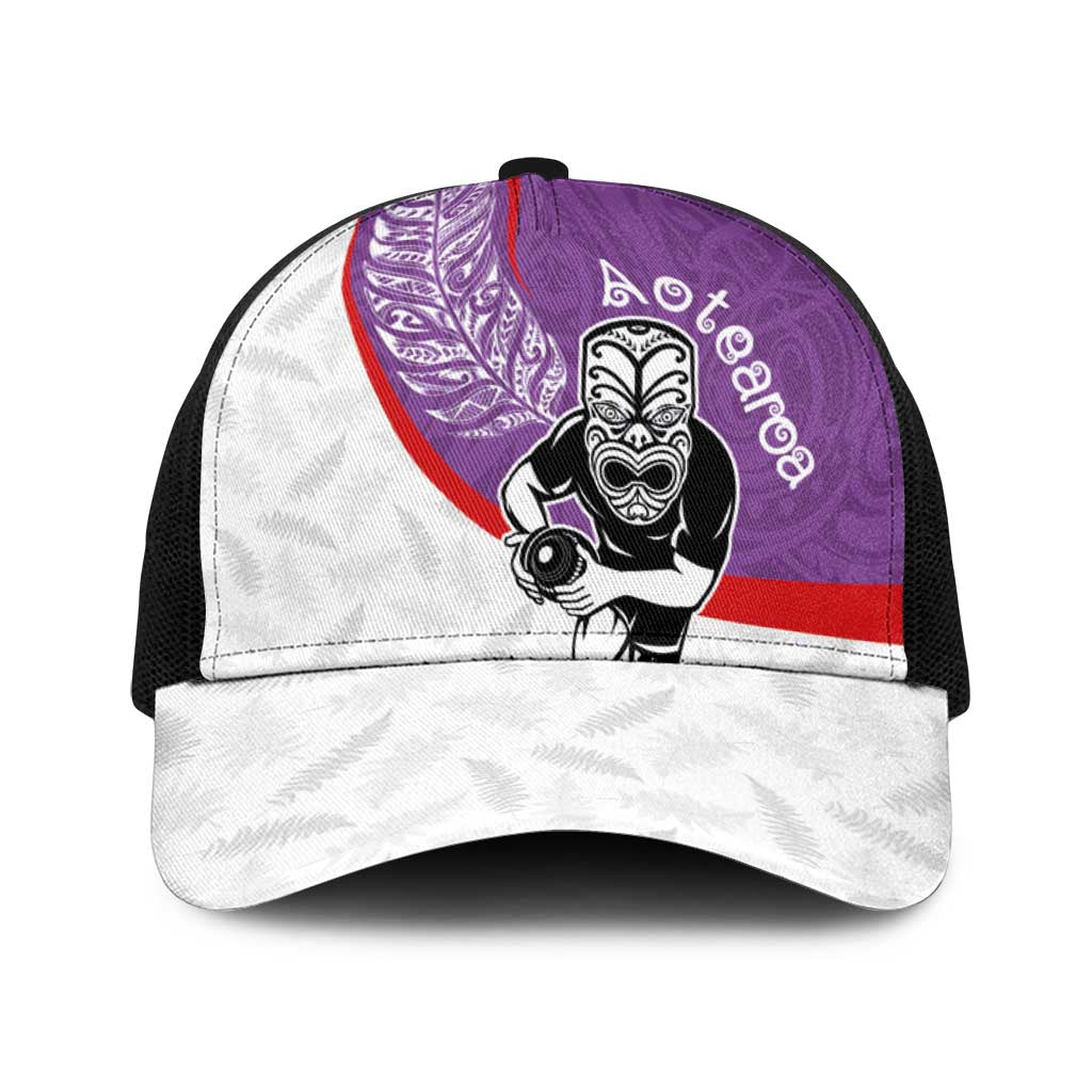Aotearoa Lawn Bowls Baseball Net Cap Maori Warrior and Silver Fern Sporty Style Purple