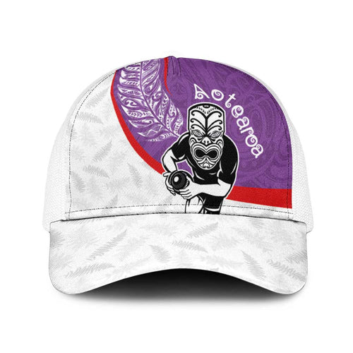 Aotearoa Lawn Bowls Baseball Net Cap Maori Warrior and Silver Fern Sporty Style Purple