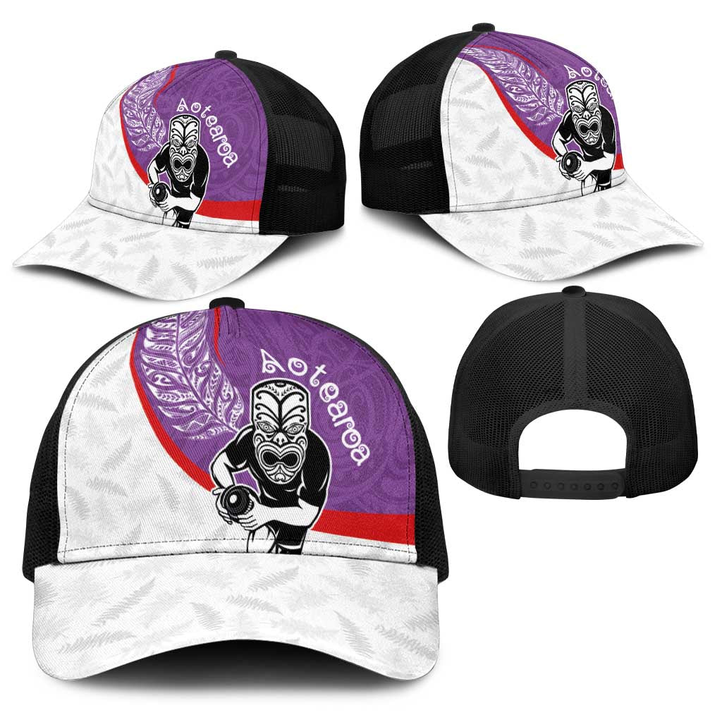 Aotearoa Lawn Bowls Baseball Net Cap Maori Warrior and Silver Fern Sporty Style Purple