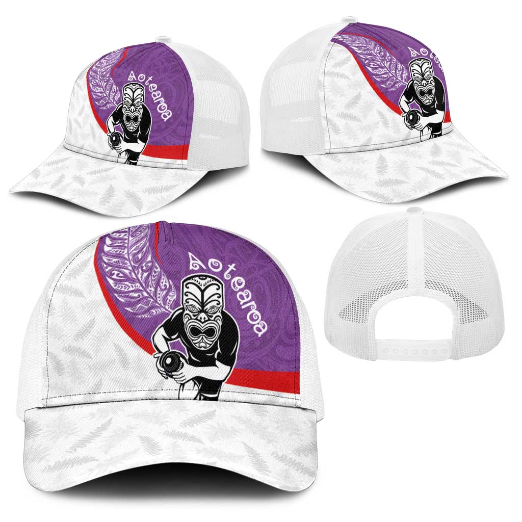 Aotearoa Lawn Bowls Baseball Net Cap Maori Warrior and Silver Fern Sporty Style Purple
