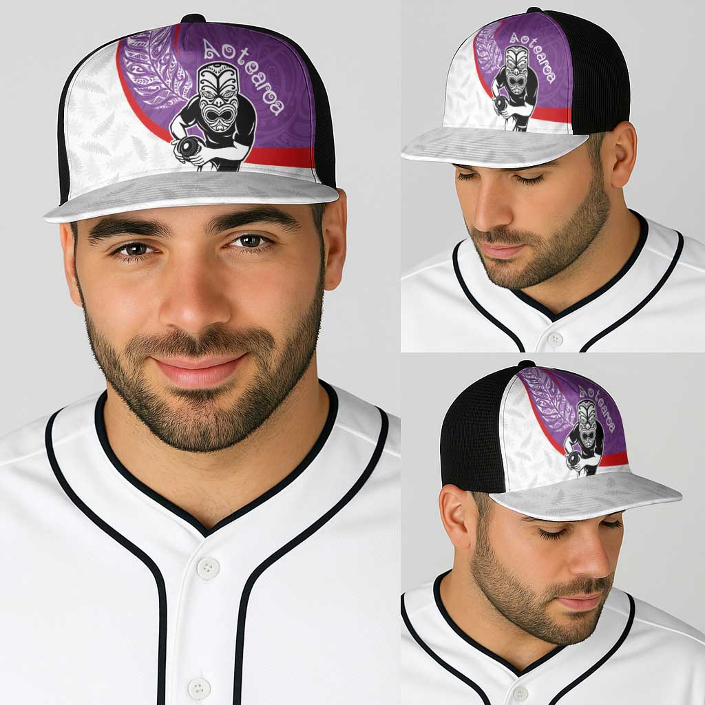 Aotearoa Lawn Bowls Baseball Net Cap Maori Warrior and Silver Fern Sporty Style Purple