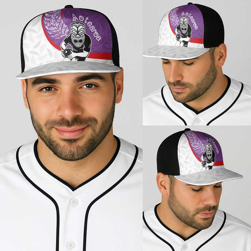 Aotearoa Lawn Bowls Baseball Net Cap Maori Warrior and Silver Fern Sporty Style Purple