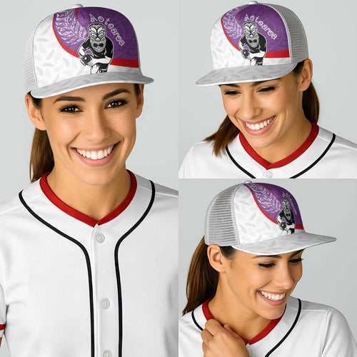 Aotearoa Lawn Bowls Baseball Net Cap Maori Warrior and Silver Fern Sporty Style Purple